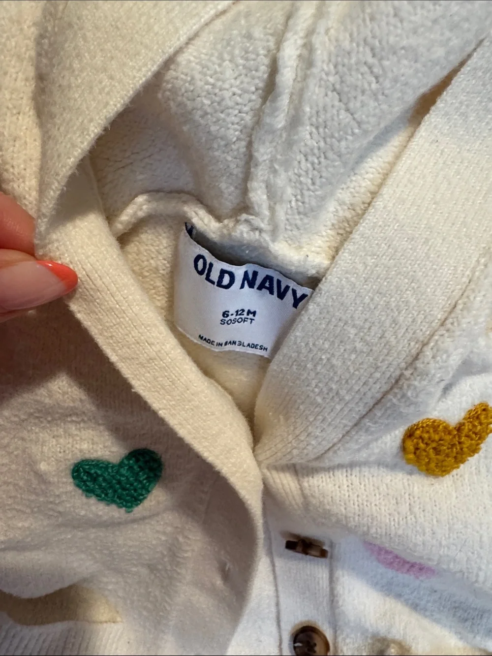 Old Navy Cream Hoodie Sweater with Colorful Heart Patches